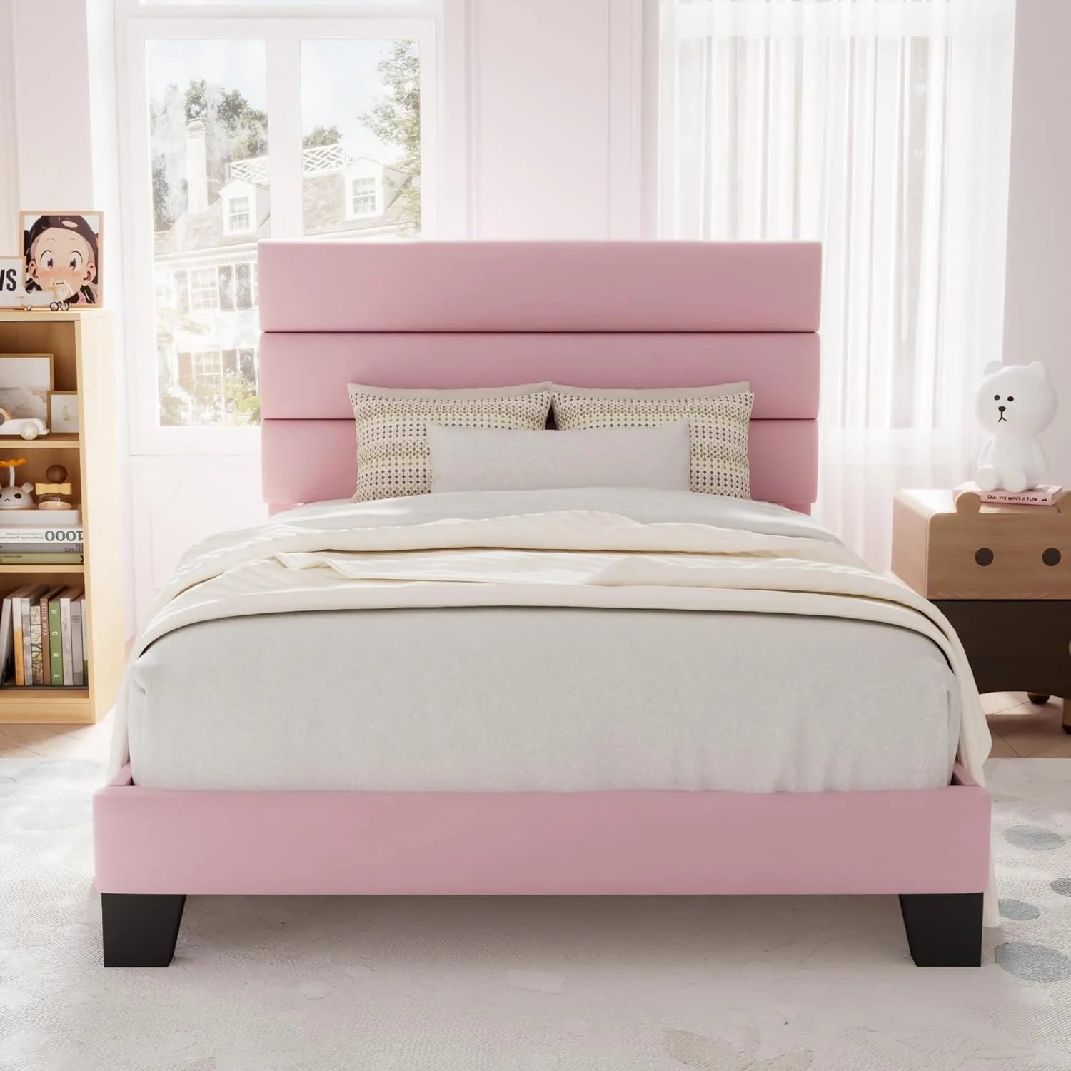 Allewie Queen Size Platform Bed Frame Fabric Upholstered Headboard Wooden Slats Support