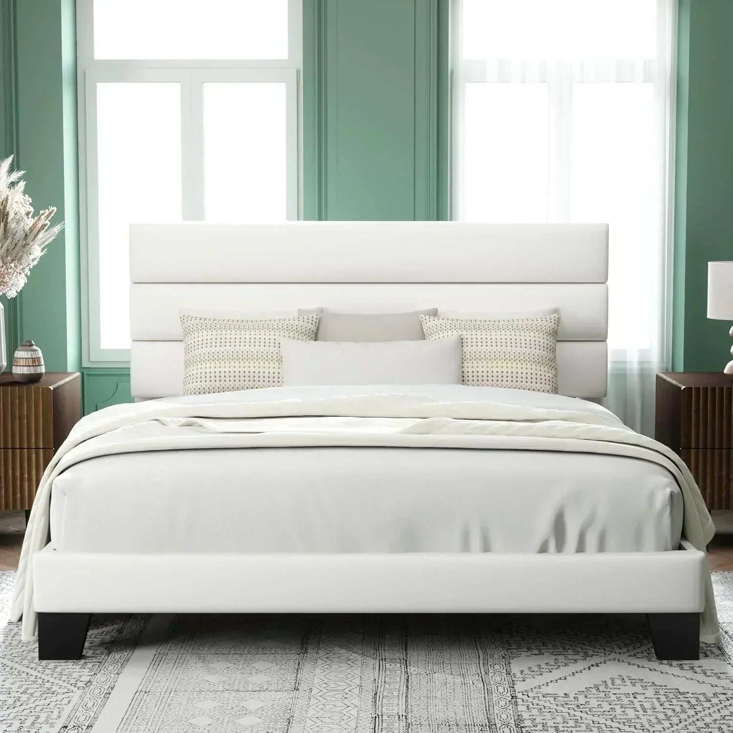 Allewie King size platform bed frame with velvet upholstered headboard and planks