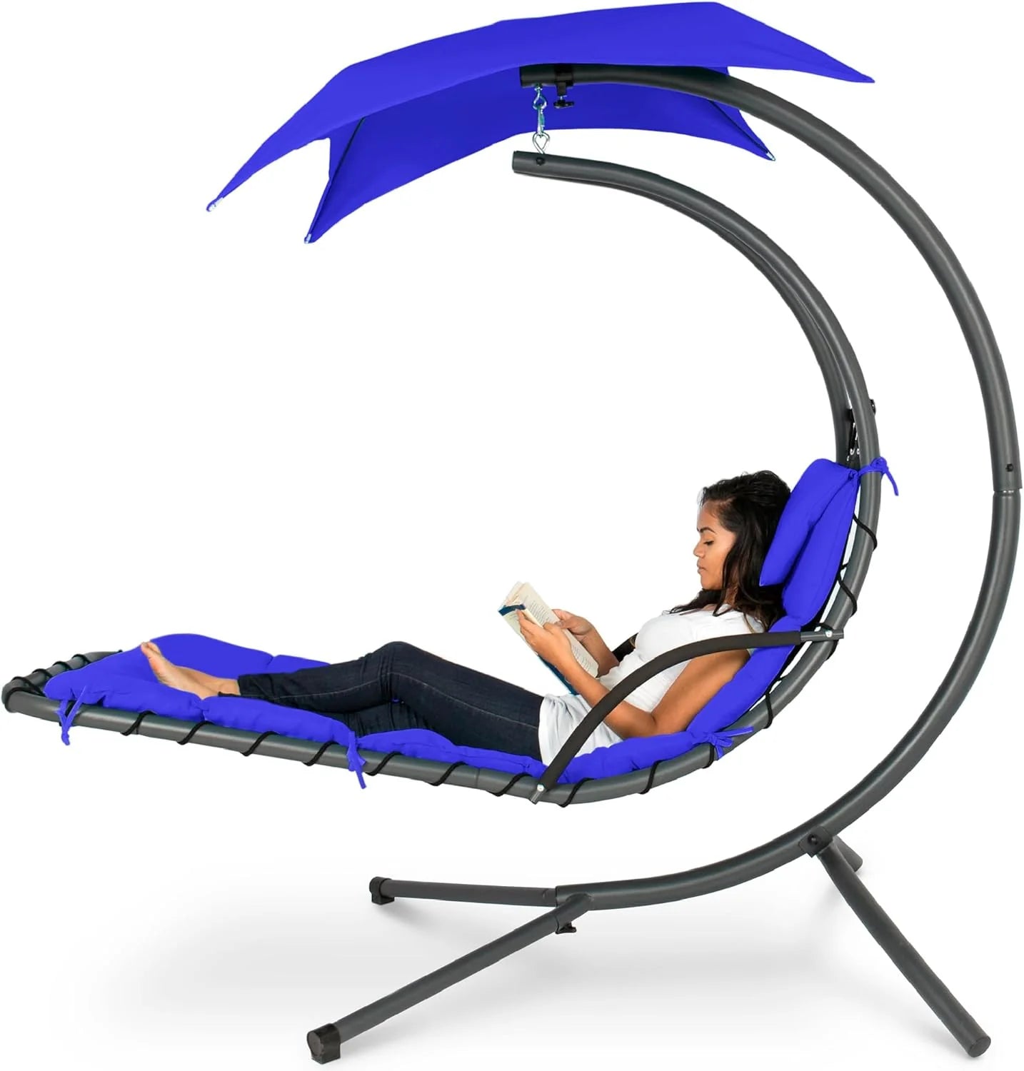 Best Choice Products Outdoor Hanging Curved Steel Chaise Lounge Chair Swing w/Built-in Pillow and Removable Canopy - Charcoal Gray