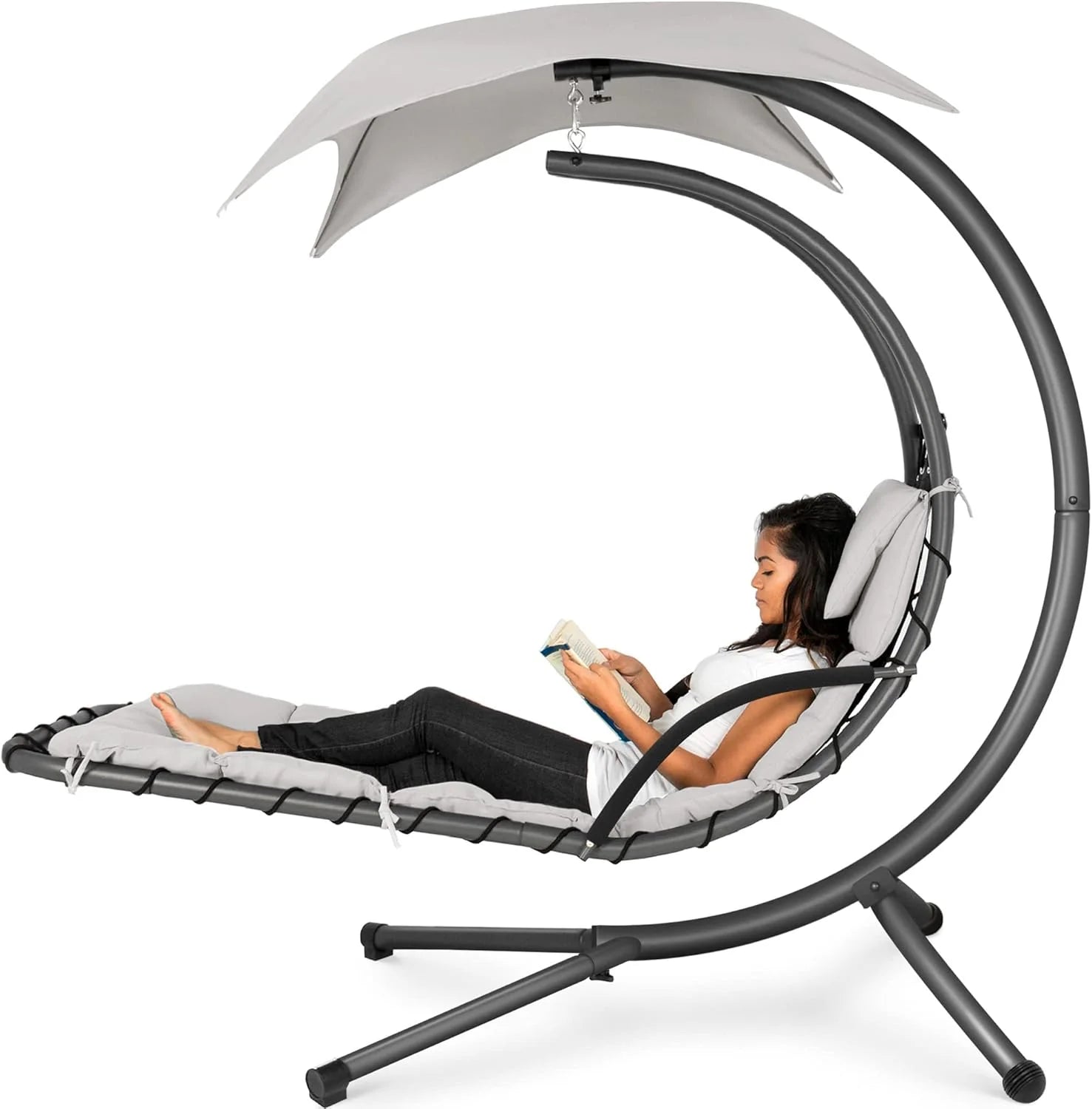 Best Choice Products Outdoor Hanging Curved Steel Chaise Lounge Chair Swing w/Built-in Pillow and Removable Canopy - Teal