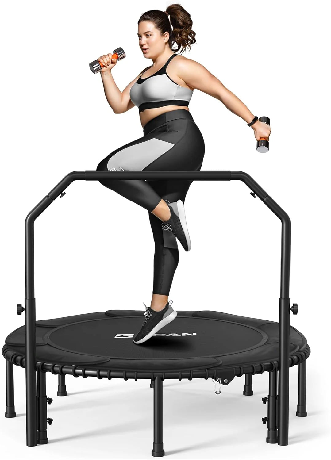 BCAN 450/550 LBS Foldable Mini Trampoline, 40/48 Fitness Trampoline with Bungees, U Shape Adjustable Foam Handle, Stable & Quiet Exercise Rebounder for Adults Indoor/Outdoor Workout