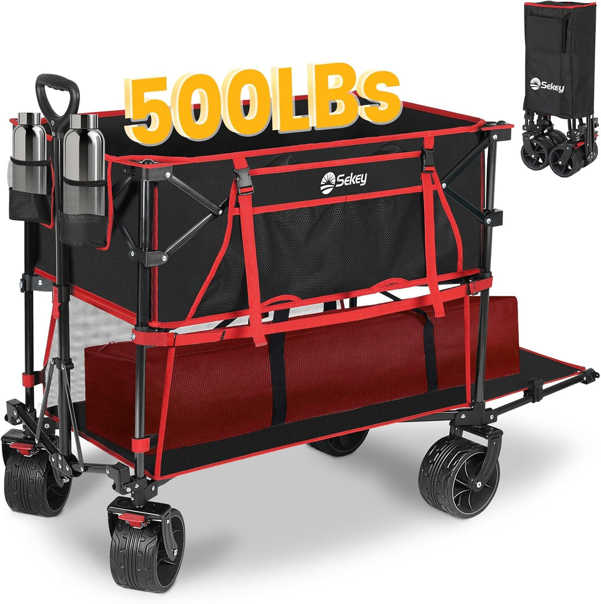 400L Large Capacity Folding Double Decker Wagon with Brakes, 50 Extra Long Extender Cart, 500lbs Heavy Duty Collapsible Wagons