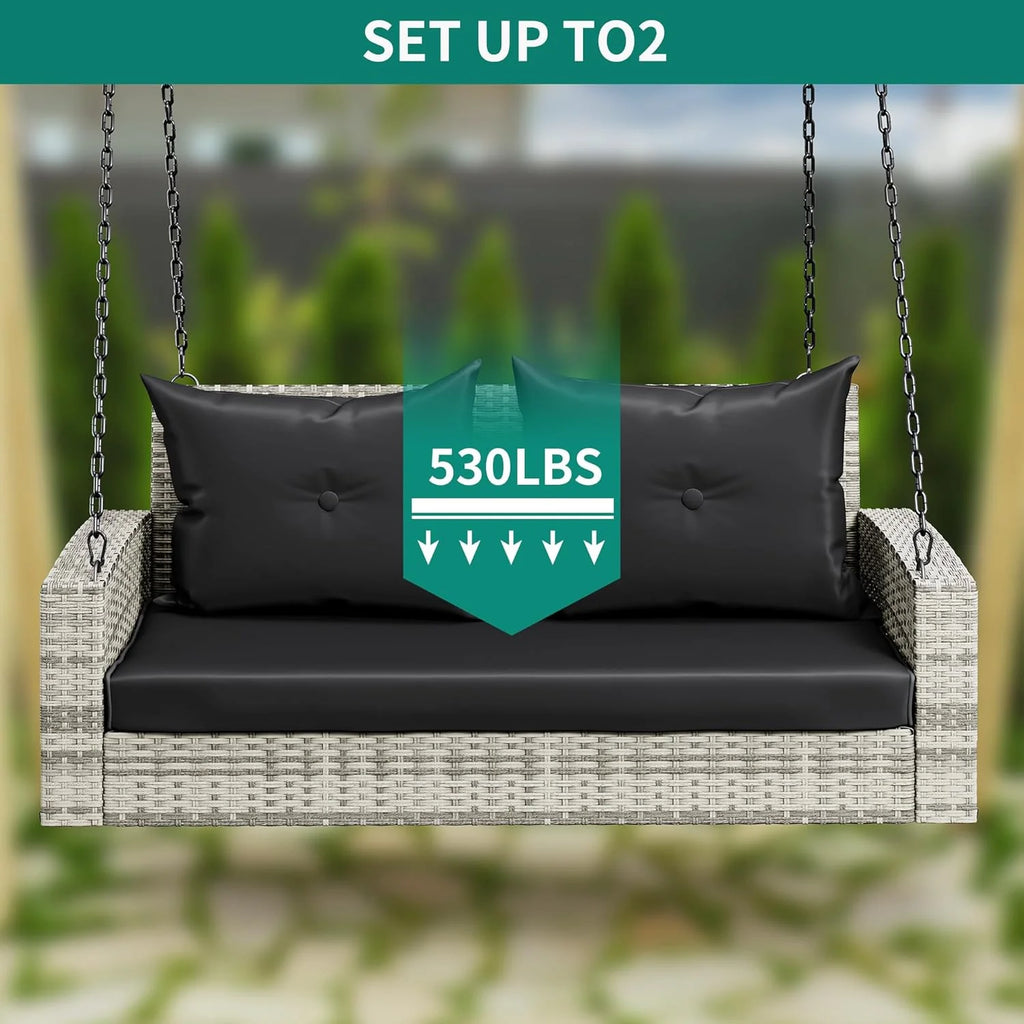 YITAHOME Hanging Porch Swing Chair Sits 3 People, Wicker Outdoor Swing Bench, Patio Lounge Chair, 1 Seating Cushion and 3 Back Cushions, w/Removable Covers, for Garden, Balcony, Backyard, Brown
