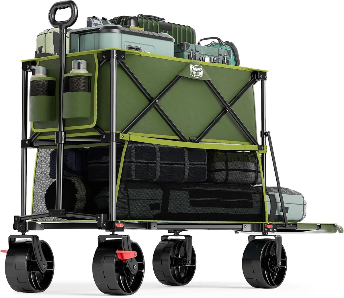 400L Large Capacity Folding Double Decker Cart with Brakes, 54 Inch Extra Long Extended Cart, 450 Pounds Heavy Duty Folding Cart