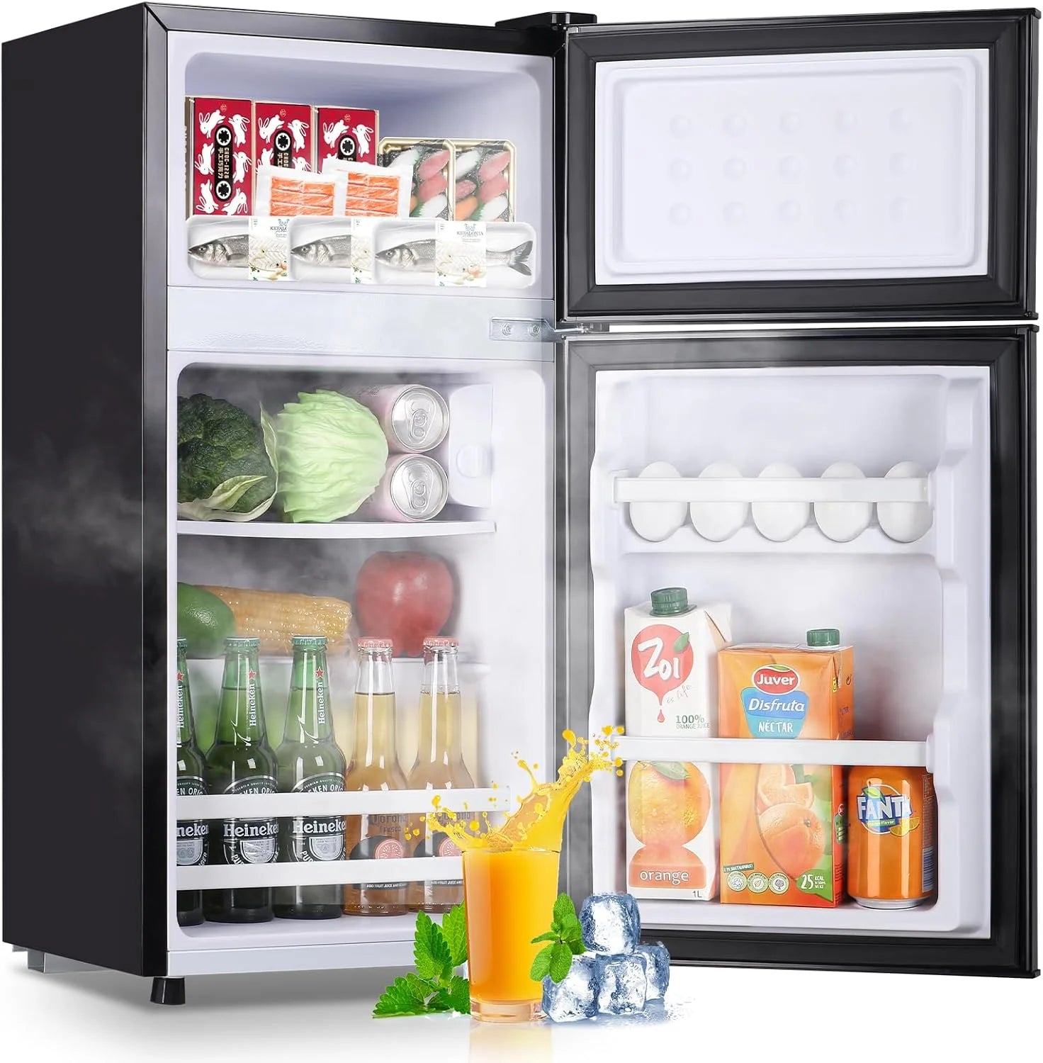 2.4 Cu.Ft Mini Fridge with Freezer & Double Door Small Tiny Size Refrigerator with 7 Temperature Control Knob Only Suitable for One Person Use Black