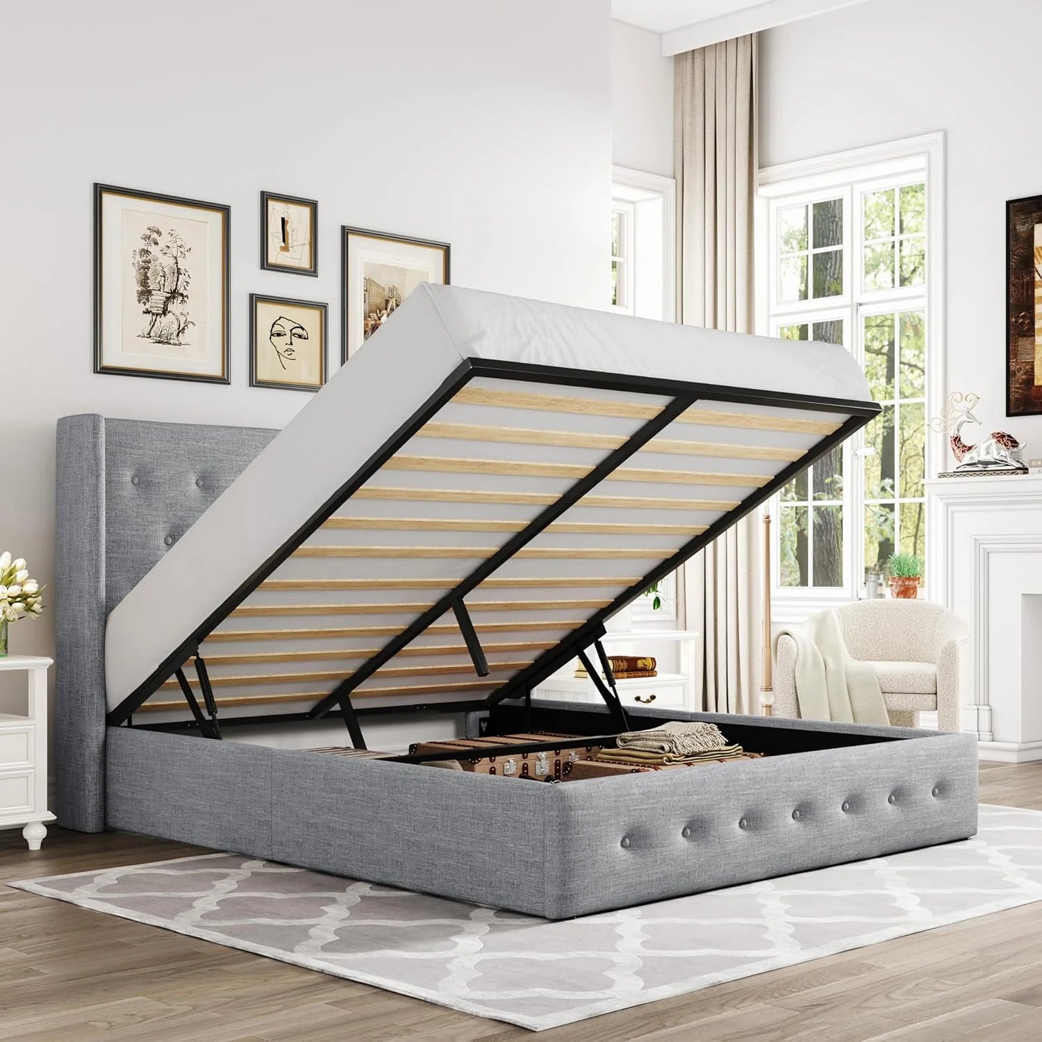 Allewie Queen Size Lift Up Storage Bed Modern Wingback Headboard Hydraulic Support