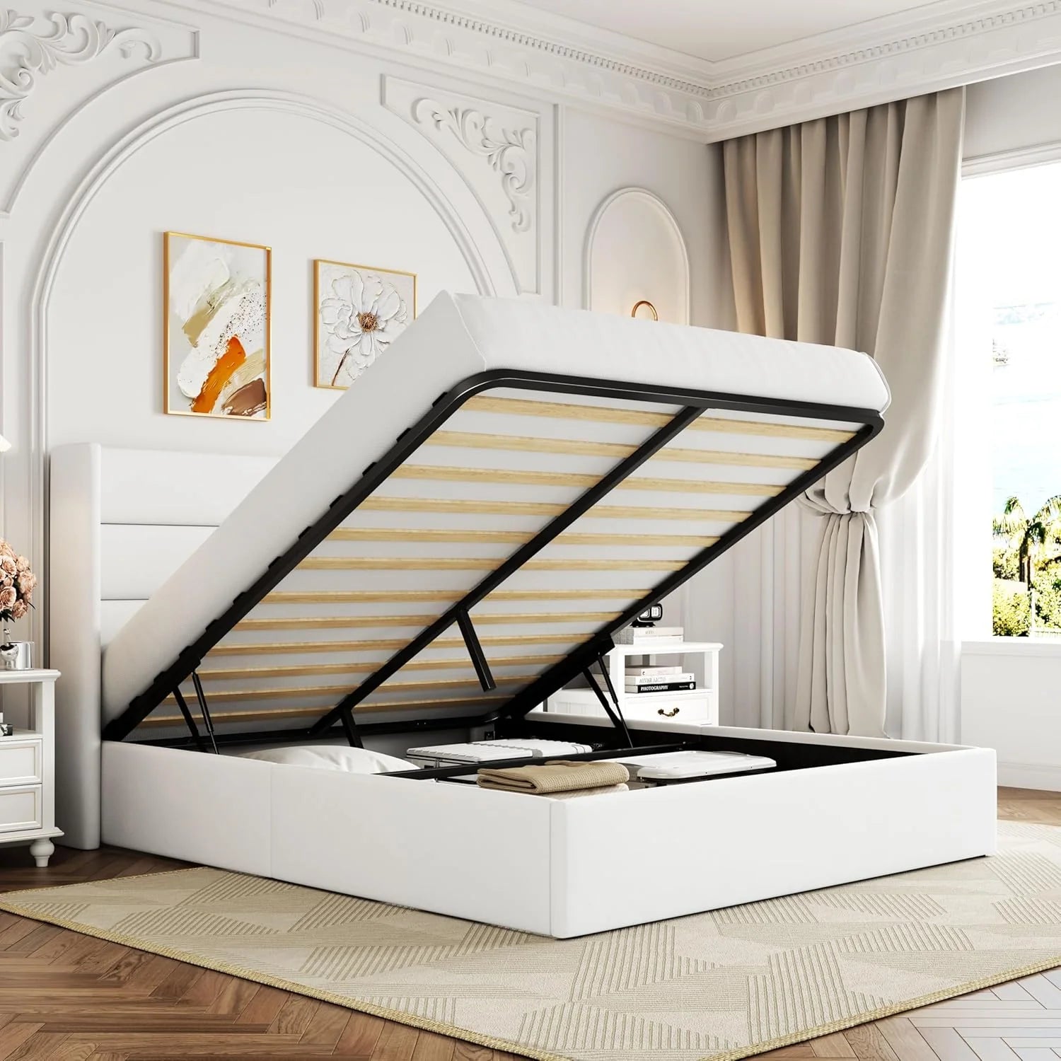 Allewie Queen Size Lift Up Storage Bed Modern Wingback Headboard Hydraulic Support